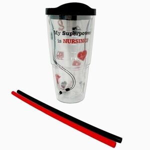 TERVIS Tumbler 24 oz. "MY SUPERPOWER IS NURSING!" Clear Black Red 2 FREE straws
